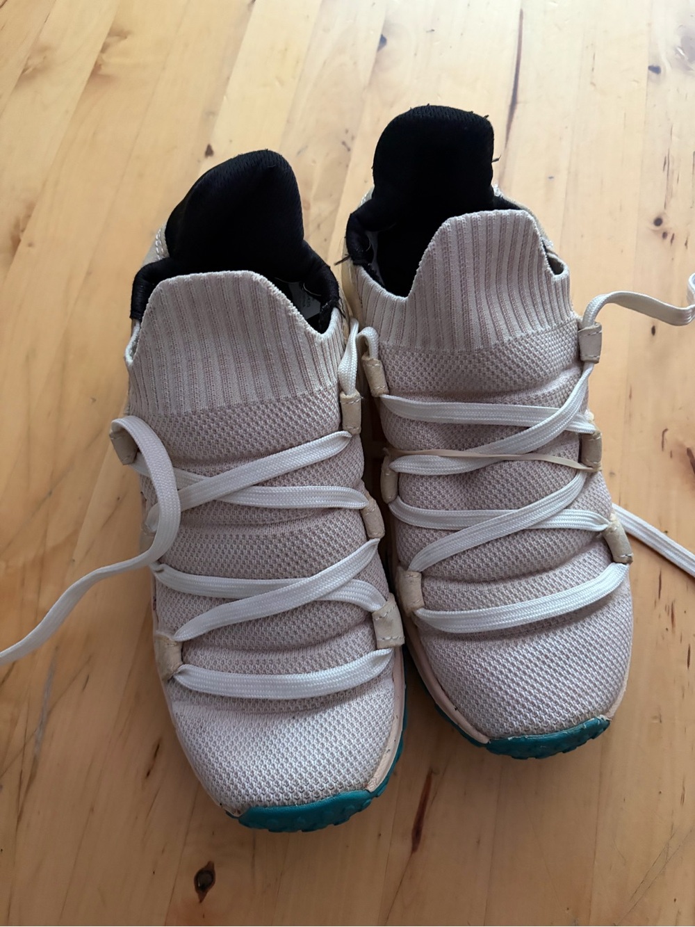 Neutral Knit Lace-Up Sneakers with Teal Soles